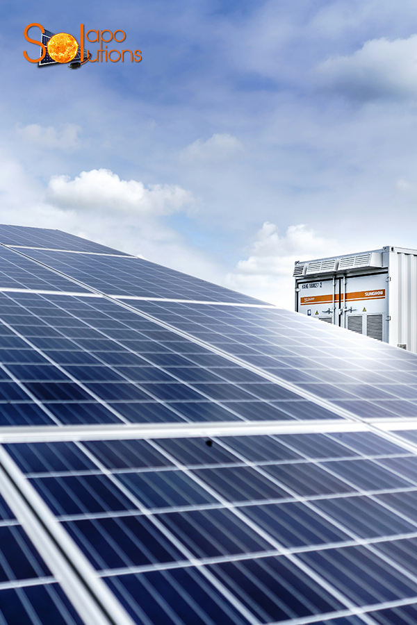 Large solar panel installation with energy storage equipment